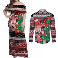 Latvia Christmas Couples Matching Off Shoulder Maxi Dress and Long Sleeve Button Shirt with Red Lion, Holiday Tree, and Nordic Pattern Design - Wonder Print Shop