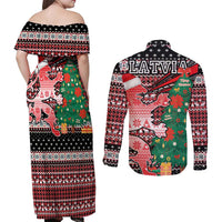 Latvia Christmas Couples Matching Off Shoulder Maxi Dress and Long Sleeve Button Shirt with Red Lion, Holiday Tree, and Nordic Pattern Design - Wonder Print Shop