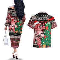 Latvia Christmas Couples Matching Off The Shoulder Long Sleeve Dress and Hawaiian Shirt with Red Lion, Holiday Tree, and Nordic Pattern Design - Wonder Print Shop