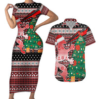 Latvia Christmas Couples Matching Short Sleeve Bodycon Dress and Hawaiian Shirt with Red Lion, Holiday Tree, and Nordic Pattern Design - Wonder Print Shop