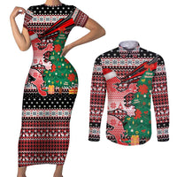 Latvia Christmas Couples Matching Short Sleeve Bodycon Dress and Long Sleeve Button Shirt with Red Lion, Holiday Tree, and Nordic Pattern Design - Wonder Print Shop