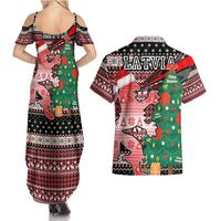 Latvia Christmas Couples Matching Summer Maxi Dress and Hawaiian Shirt with Red Lion, Holiday Tree, and Nordic Pattern Design - Wonder Print Shop