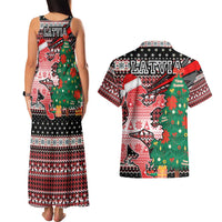 Latvia Christmas Couples Matching Tank Maxi Dress and Hawaiian Shirt with Red Lion, Holiday Tree, and Nordic Pattern Design - Wonder Print Shop