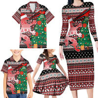 Latvia Christmas Family Matching Long Sleeve Bodycon Dress and Hawaiian Shirt with Red Lion, Holiday Tree, and Nordic Pattern Design - Wonder Print Shop