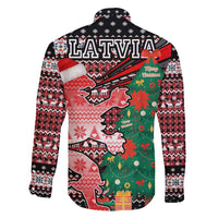 Latvia Christmas Family Matching Long Sleeve Bodycon Dress and Hawaiian Shirt with Red Lion, Holiday Tree, and Nordic Pattern Design - Wonder Print Shop