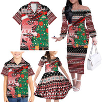Latvia Christmas Family Matching Off The Shoulder Long Sleeve Dress and Hawaiian Shirt with Red Lion, Holiday Tree, and Nordic Pattern Design - Wonder Print Shop