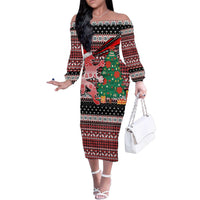 Latvia Christmas Family Matching Off The Shoulder Long Sleeve Dress and Hawaiian Shirt with Red Lion, Holiday Tree, and Nordic Pattern Design - Wonder Print Shop