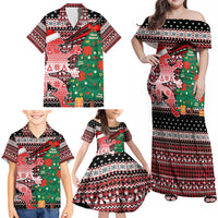 Latvia Christmas Family Matching Off Shoulder Maxi Dress and Hawaiian Shirt with Red Lion, Holiday Tree, and Nordic Pattern Design - Wonder Print Shop