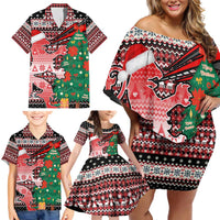 Latvia Christmas Family Matching Off Shoulder Short Dress and Hawaiian Shirt with Red Lion, Holiday Tree, and Nordic Pattern Design - Wonder Print Shop