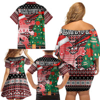 Latvia Christmas Family Matching Off Shoulder Short Dress and Hawaiian Shirt with Red Lion, Holiday Tree, and Nordic Pattern Design - Wonder Print Shop