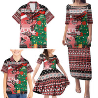 Latvia Christmas Family Matching Puletasi and Hawaiian Shirt with Red Lion, Holiday Tree, and Nordic Pattern Design - Wonder Print Shop