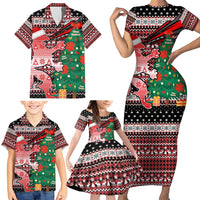 Latvia Christmas Family Matching Short Sleeve Bodycon Dress and Hawaiian Shirt with Red Lion, Holiday Tree, and Nordic Pattern Design - Wonder Print Shop