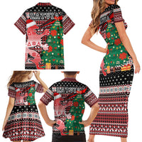 Latvia Christmas Family Matching Short Sleeve Bodycon Dress and Hawaiian Shirt with Red Lion, Holiday Tree, and Nordic Pattern Design - Wonder Print Shop