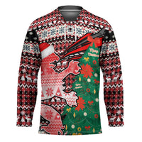 Latvia Christmas Hockey Jersey with Red Lion, Holiday Tree, and Nordic Pattern Design - Wonder Print Shop