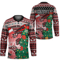Latvia Christmas Hockey Jersey with Red Lion, Holiday Tree, and Nordic Pattern Design - Wonder Print Shop