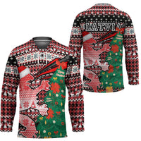 Latvia Christmas Hockey Jersey with Red Lion, Holiday Tree, and Nordic Pattern Design - Wonder Print Shop