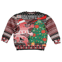 Latvia Christmas Kid Ugly Christmas Sweater with Red Lion, Holiday Tree, and Nordic Pattern Design - Wonder Print Shop