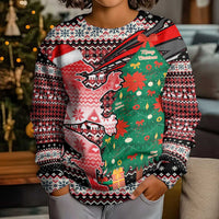 Latvia Christmas Kid Ugly Christmas Sweater with Red Lion, Holiday Tree, and Nordic Pattern Design - Wonder Print Shop