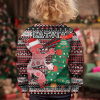 Latvia Christmas Kid Ugly Christmas Sweater with Red Lion, Holiday Tree, and Nordic Pattern Design - Wonder Print Shop
