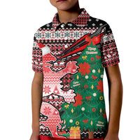 Latvia Christmas Kid Polo Shirt with Red Lion, Holiday Tree, and Nordic Pattern Design - Wonder Print Shop