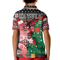 Latvia Christmas Kid Polo Shirt with Red Lion, Holiday Tree, and Nordic Pattern Design - Wonder Print Shop