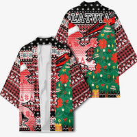 Latvia Christmas Kimono with Red Lion, Holiday Tree, and Nordic Pattern Design - Wonder Print Shop