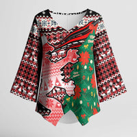 Latvia Christmas Kimono Sleeve Blouse with Red Lion, Holiday Tree, and Nordic Pattern Design - Wonder Print Shop