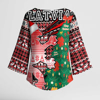 Latvia Christmas Kimono Sleeve Blouse with Red Lion, Holiday Tree, and Nordic Pattern Design - Wonder Print Shop