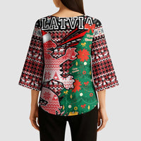 Latvia Christmas Kimono Sleeve Blouse with Red Lion, Holiday Tree, and Nordic Pattern Design - Wonder Print Shop