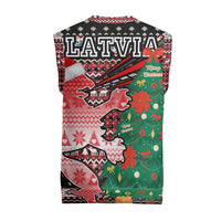 Latvia Christmas Knitted V-Neck Vest with Red Lion, Holiday Tree, and Nordic Pattern Design - Wonder Print Shop