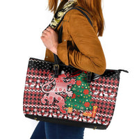 Latvia Christmas Leather Tote Bag with Red Lion, Holiday Tree, and Nordic Pattern Design - Wonder Print Shop