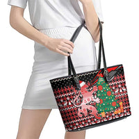 Latvia Christmas Leather Tote Bag with Red Lion, Holiday Tree, and Nordic Pattern Design - Wonder Print Shop