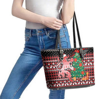 Latvia Christmas Leather Tote Bag with Red Lion, Holiday Tree, and Nordic Pattern Design - Wonder Print Shop