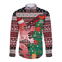 Latvia Christmas Long Sleeve Button Shirt with Red Lion, Holiday Tree, and Nordic Pattern Design - Wonder Print Shop