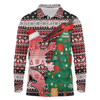 Latvia Christmas Long Sleeve Polo Shirt with Red Lion, Holiday Tree, and Nordic Pattern Design - Wonder Print Shop