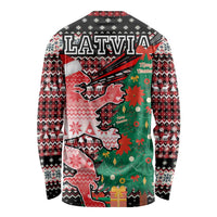 Latvia Christmas Long Sleeve Shirt with Red Lion, Holiday Tree, and Nordic Pattern Design - Wonder Print Shop
