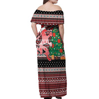 Latvia Christmas Off Shoulder Maxi Dress with Red Lion, Holiday Tree, and Nordic Pattern Design - Wonder Print Shop
