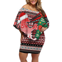 Latvia Christmas Off Shoulder Short Dress with Red Lion, Holiday Tree, and Nordic Pattern Design - Wonder Print Shop