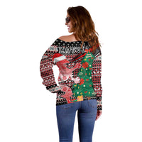 Latvia Christmas Off Shoulder Sweater with Red Lion, Holiday Tree, and Nordic Pattern Design - Wonder Print Shop