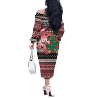 Latvia Christmas Off The Shoulder Long Sleeve Dress with Red Lion, Holiday Tree, and Nordic Pattern Design - Wonder Print Shop