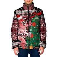 Latvia Christmas Padded Jacket with Red Lion, Holiday Tree, and Nordic Pattern Design - Wonder Print Shop