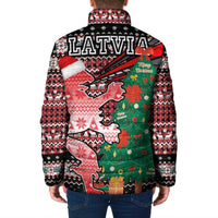 Latvia Christmas Padded Jacket with Red Lion, Holiday Tree, and Nordic Pattern Design - Wonder Print Shop