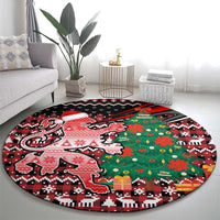 Latvia Christmas Round Carpet with Red Lion, Holiday Tree, and Nordic Pattern Design - Wonder Print Shop