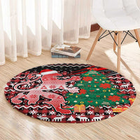 Latvia Christmas Round Carpet with Red Lion, Holiday Tree, and Nordic Pattern Design - Wonder Print Shop