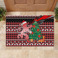 Latvia Christmas Rubber Doormat with Red Lion, Holiday Tree, and Nordic Pattern Design - Wonder Print Shop