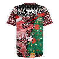 Latvia Christmas Rugby Jersey with Red Lion, Holiday Tree, and Nordic Pattern Design - Wonder Print Shop