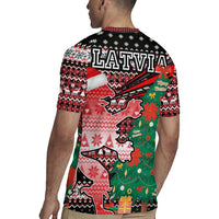 Latvia Christmas Rugby Jersey with Red Lion, Holiday Tree, and Nordic Pattern Design - Wonder Print Shop