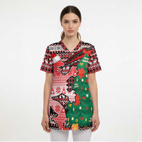 Latvia Christmas Scrub Top with Red Lion, Holiday Tree, and Nordic Pattern Design - Wonder Print Shop