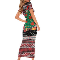 Latvia Christmas Short Sleeve Bodycon Dress with Red Lion, Holiday Tree, and Nordic Pattern Design - Wonder Print Shop