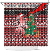 Latvia Christmas Shower Curtain with Red Lion, Holiday Tree, and Nordic Pattern Design - Wonder Print Shop